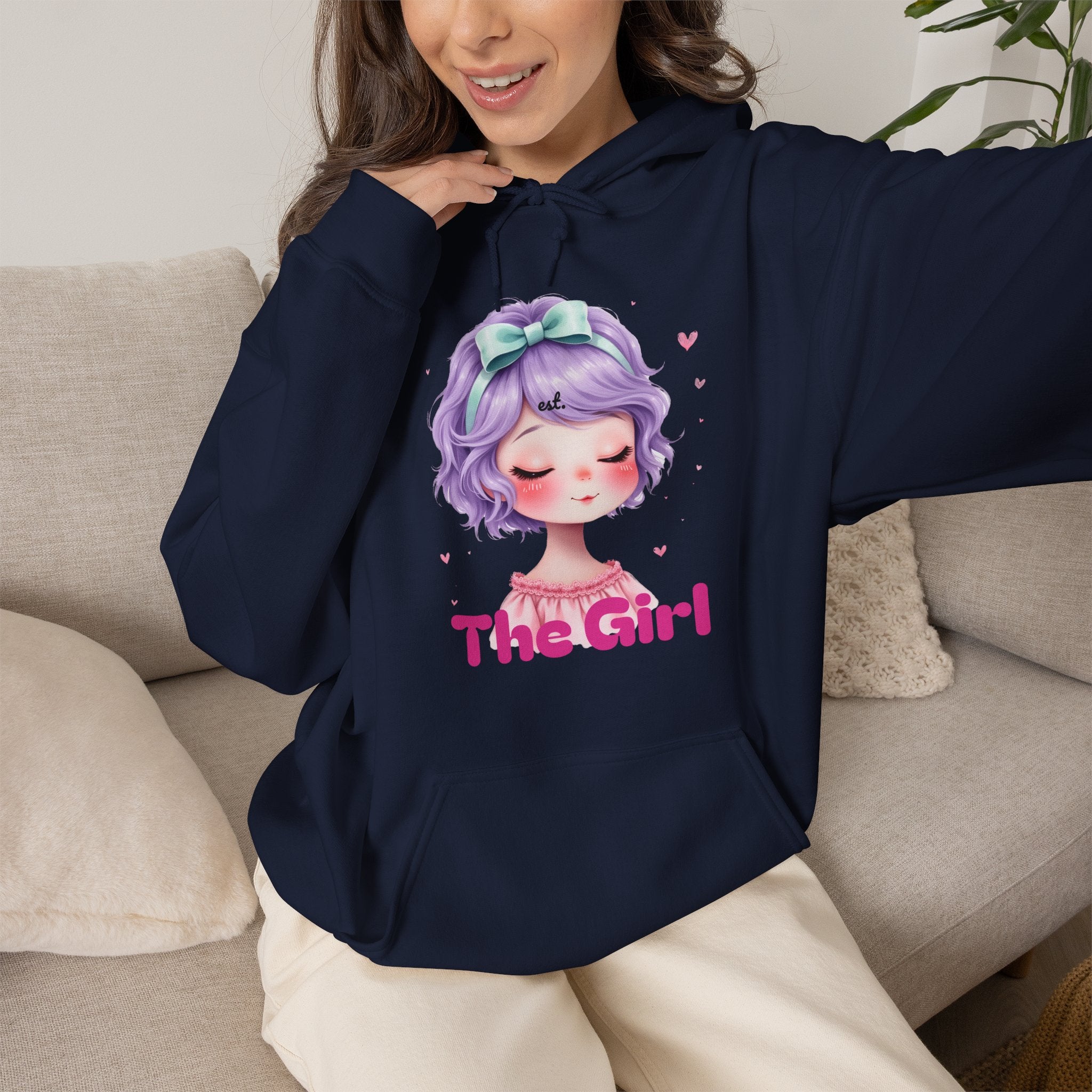 Pastel Purple Anime Girl The Girl Hoodie | Cute Kawaii Portrait, Pink Typography