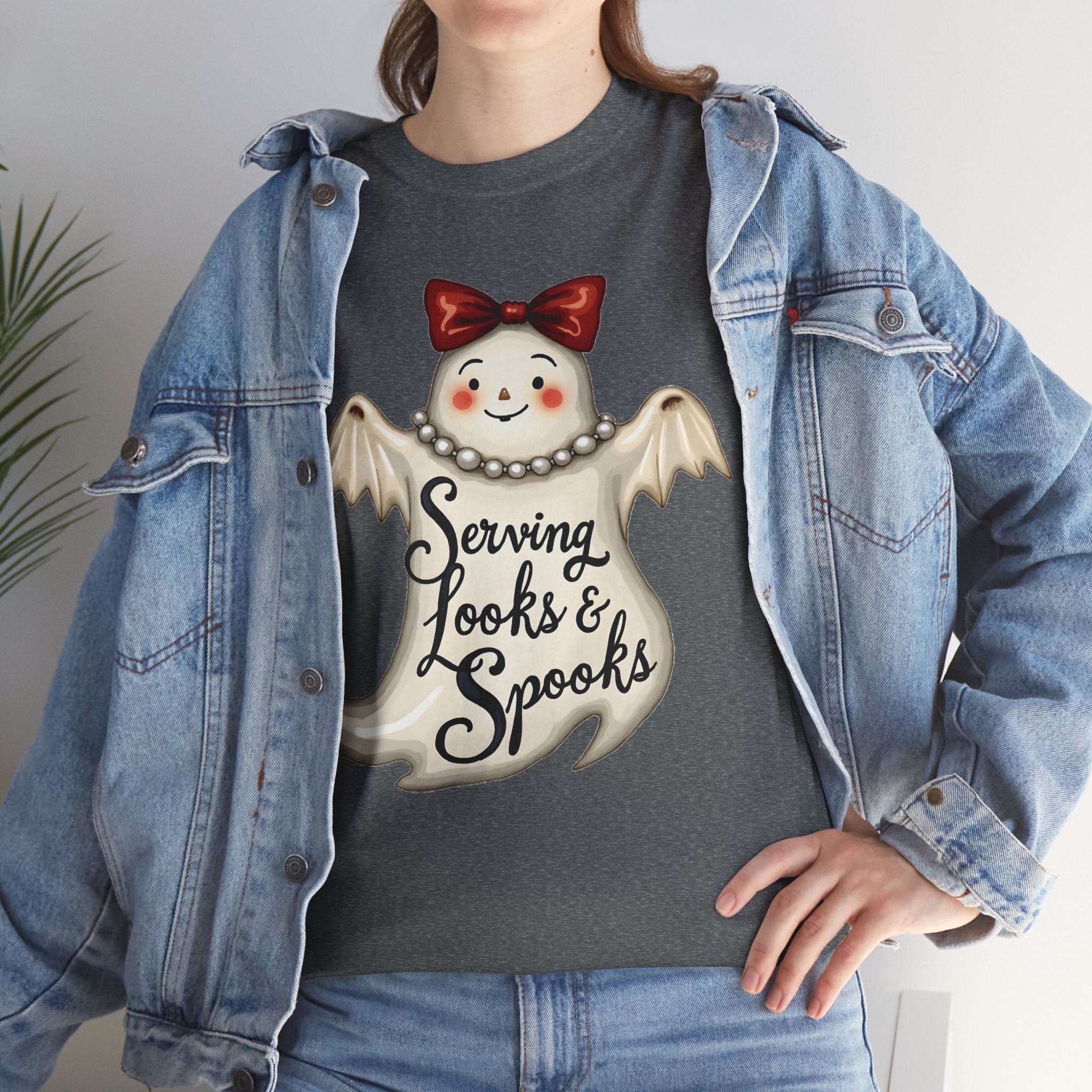 Serving Looks & Spooks Tee | Cute Ghost with Bow, Halloween Shirt