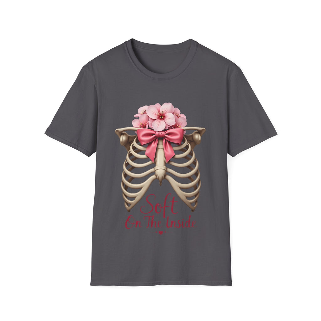 Floral Ribcage with Pink Bow T-Shirt | Skeleton Flower Chest Graphic