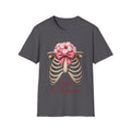 Floral Ribcage with Pink Bow T-Shirt | Skeleton Flower Chest Graphic