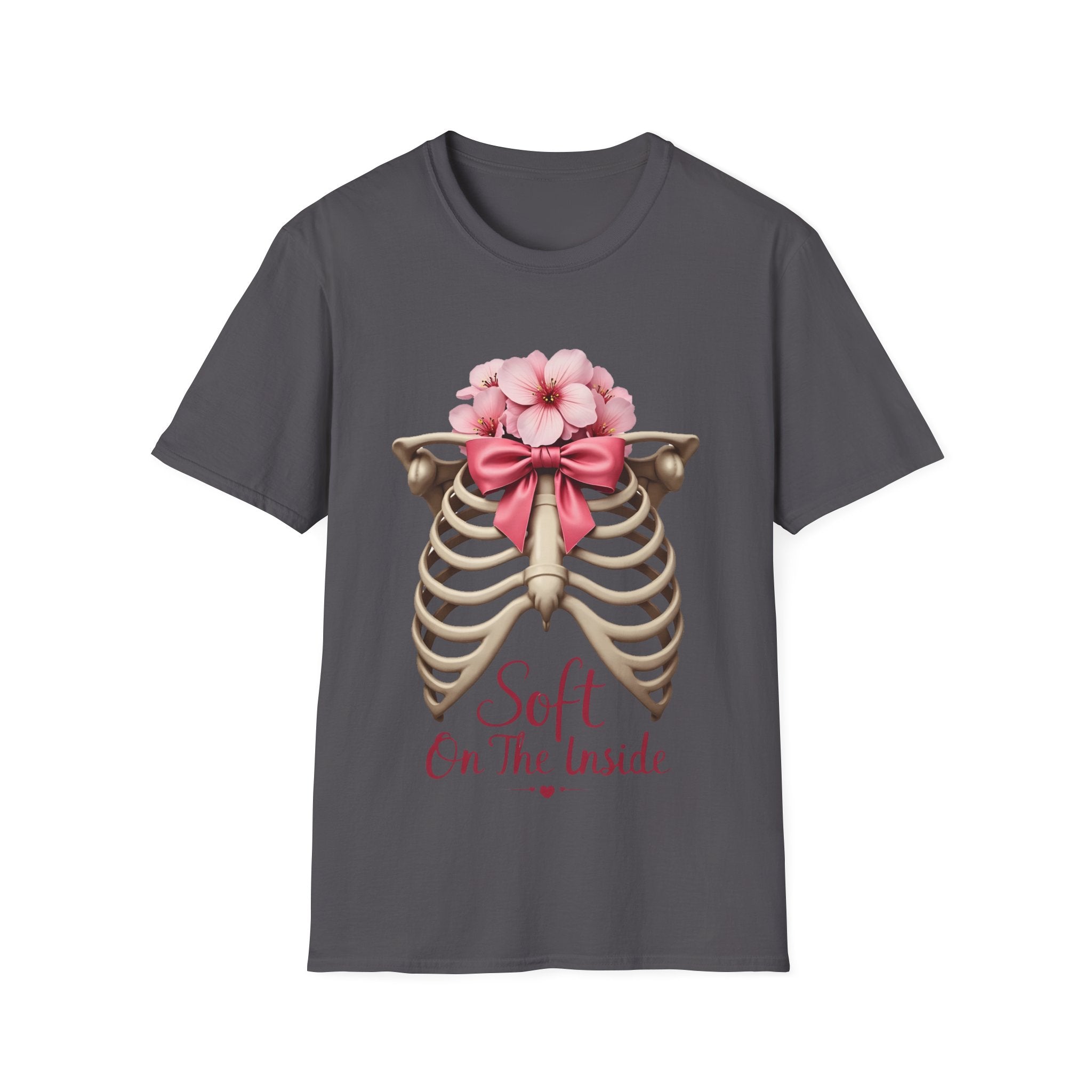 Floral Ribcage with Pink Bow T-Shirt | Skeleton Flower Chest Graphic