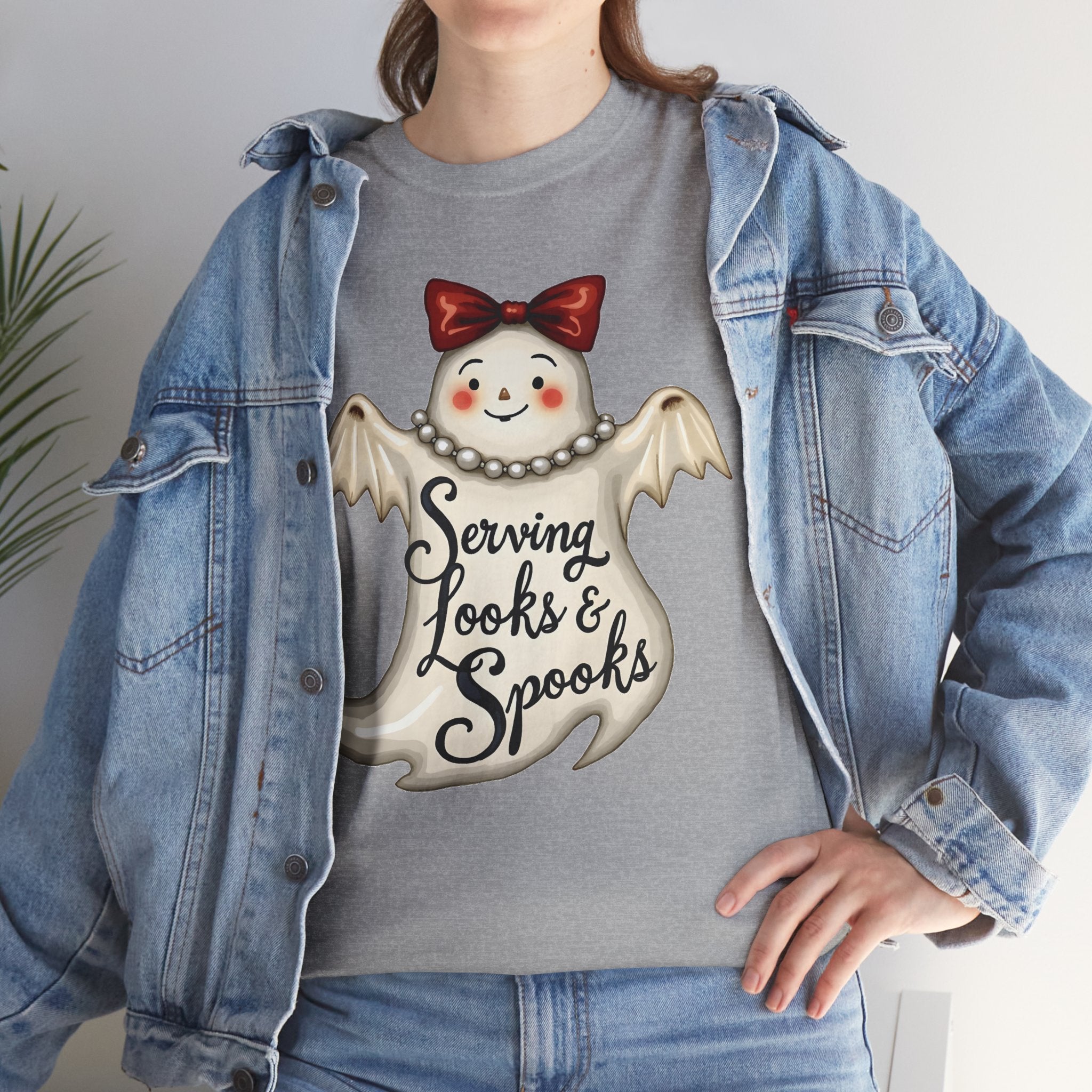 Serving Looks & Spooks Tee | Cute Ghost with Bow, Halloween Shirt