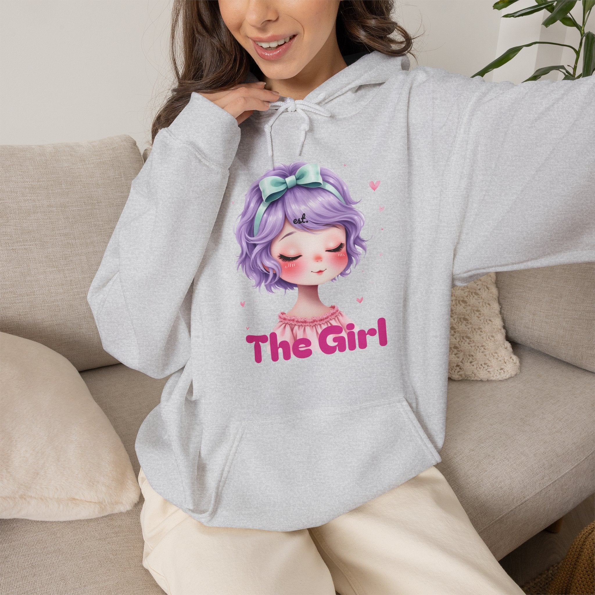 Pastel Purple Anime Girl The Girl Hoodie | Cute Kawaii Portrait, Pink Typography