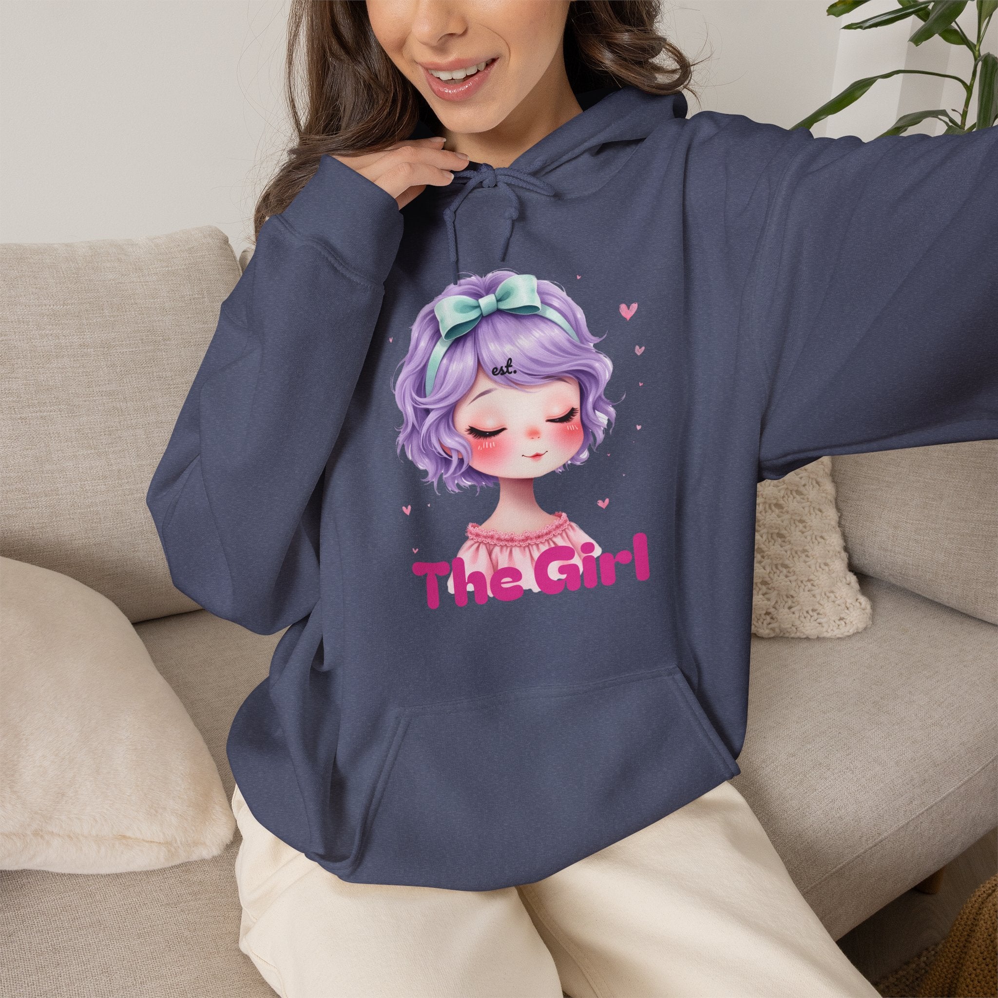 Pastel Purple Anime Girl The Girl Hoodie | Cute Kawaii Portrait, Pink Typography