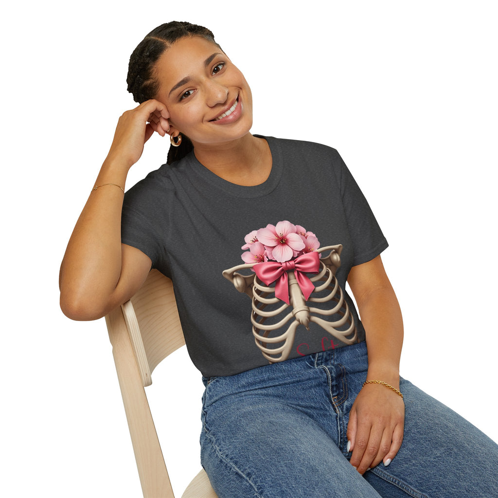 Floral Ribcage with Pink Bow T-Shirt | Skeleton Flower Chest Graphic