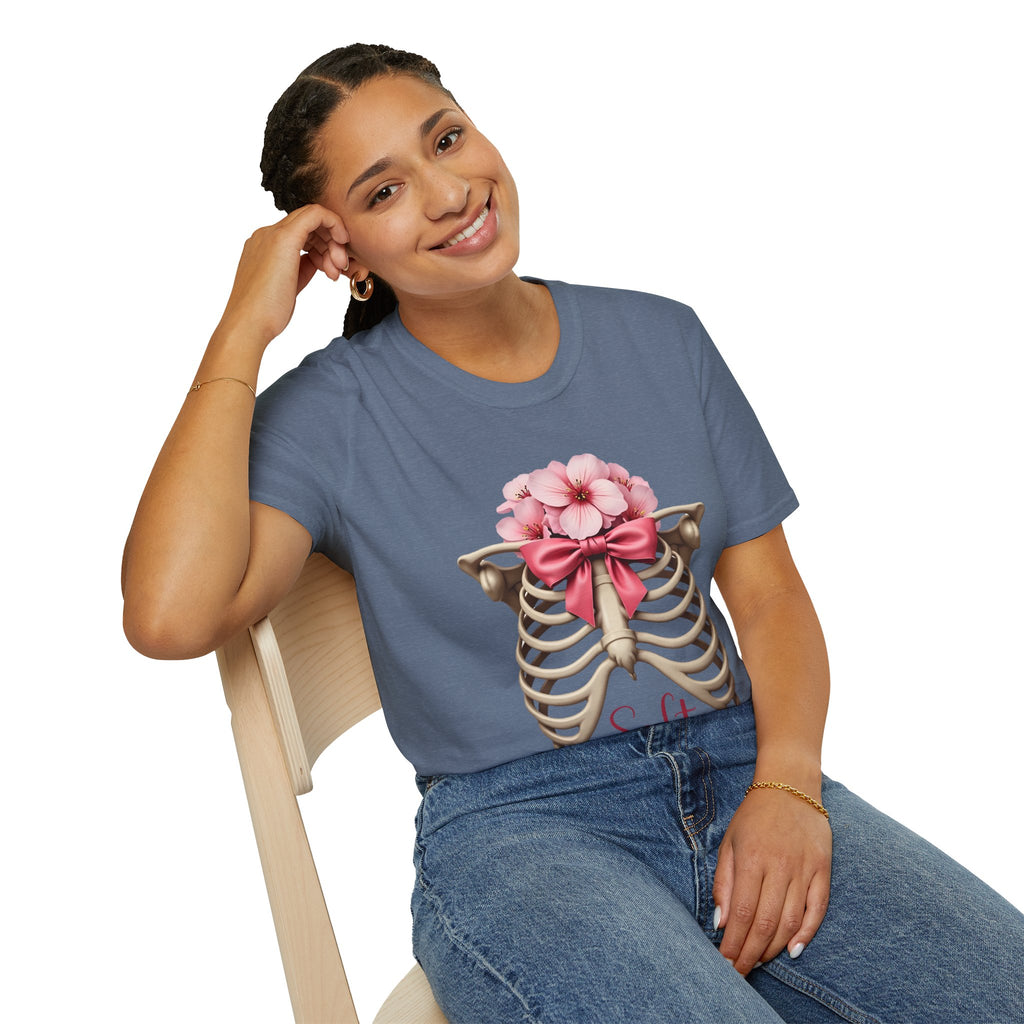 Floral Ribcage with Pink Bow T-Shirt | Skeleton Flower Chest Graphic
