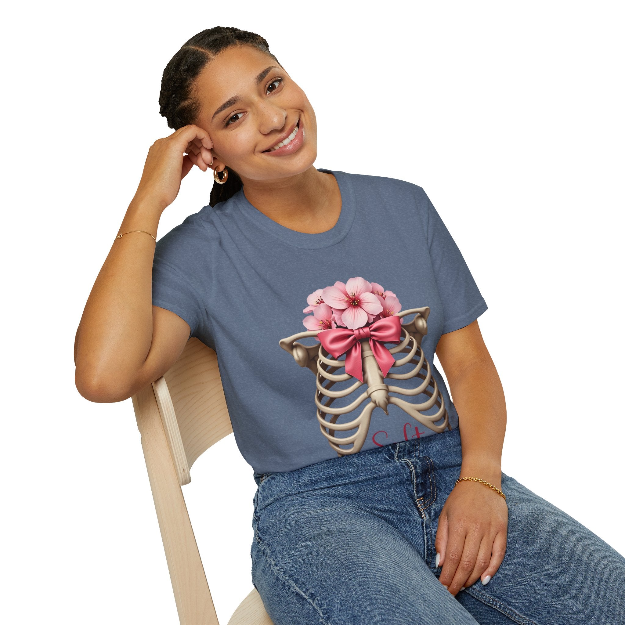 Floral Ribcage with Pink Bow T-Shirt | Skeleton Flower Chest Graphic