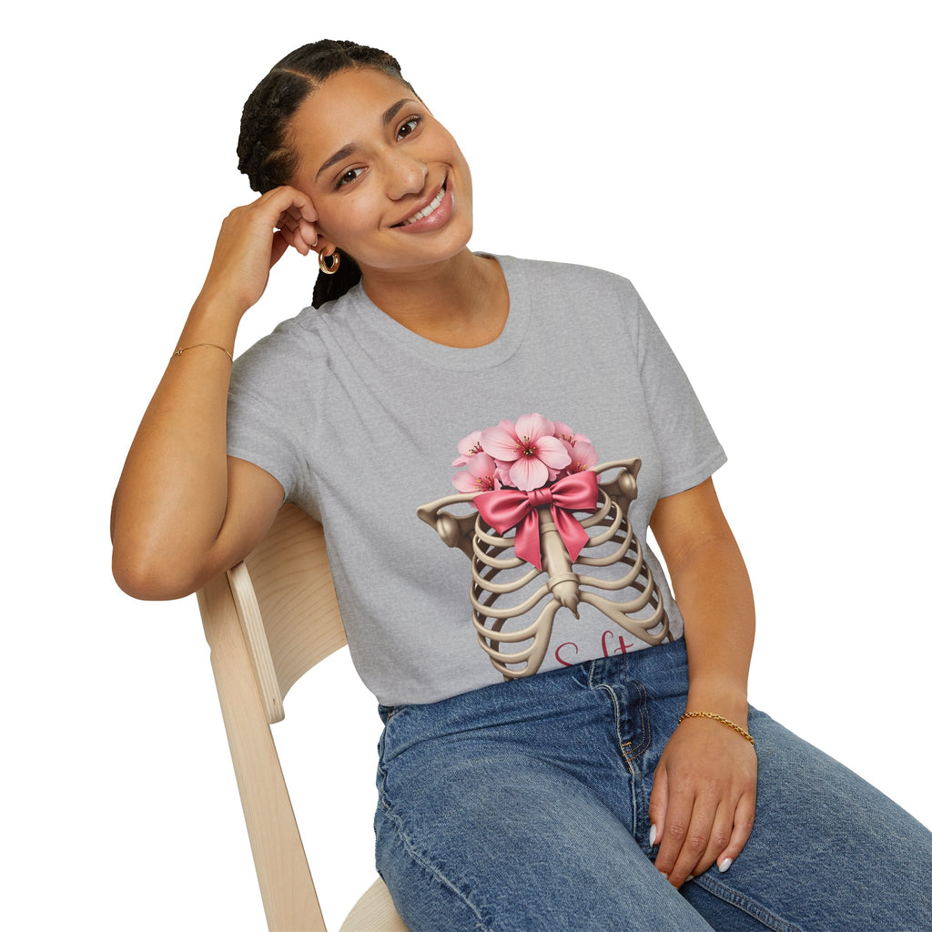 Floral Ribcage with Pink Bow T-Shirt | Skeleton Flower Chest Graphic