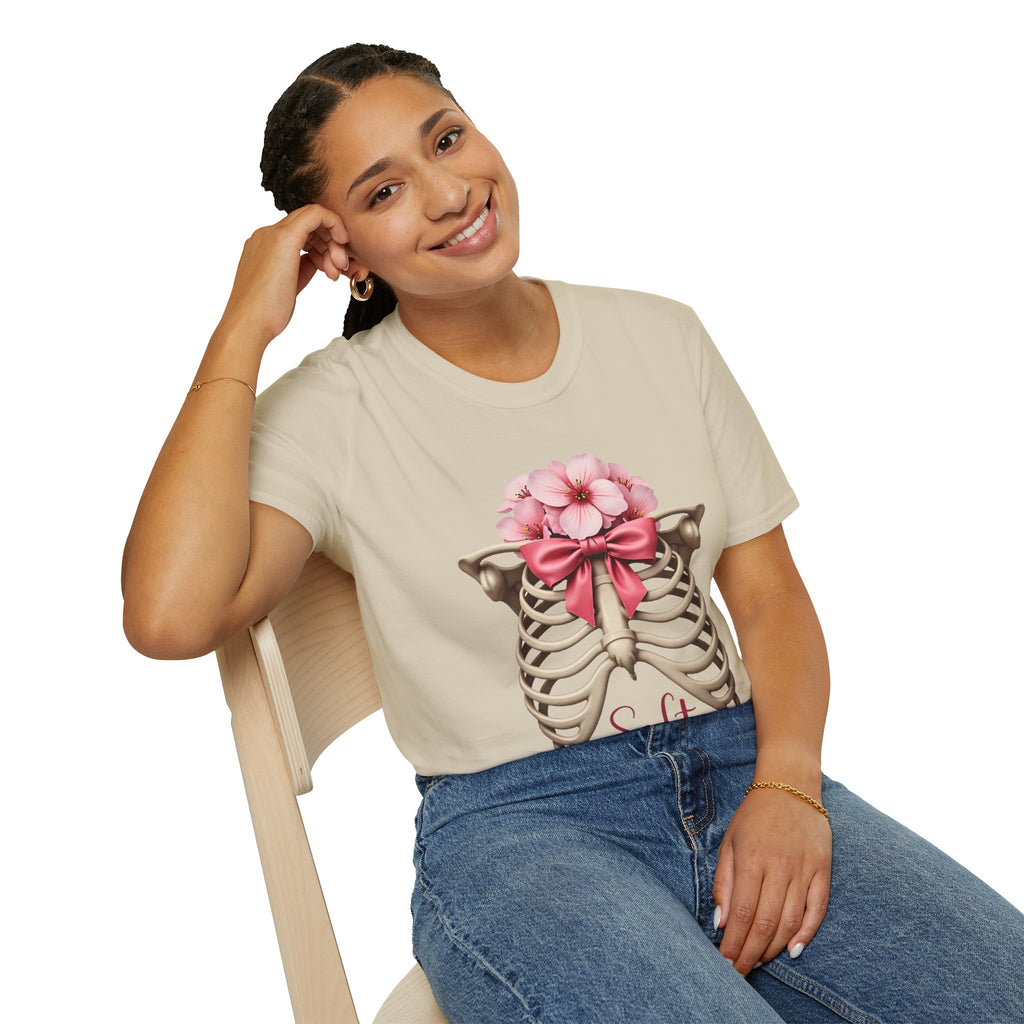 Floral Ribcage with Pink Bow T-Shirt | Skeleton Flower Chest Graphic