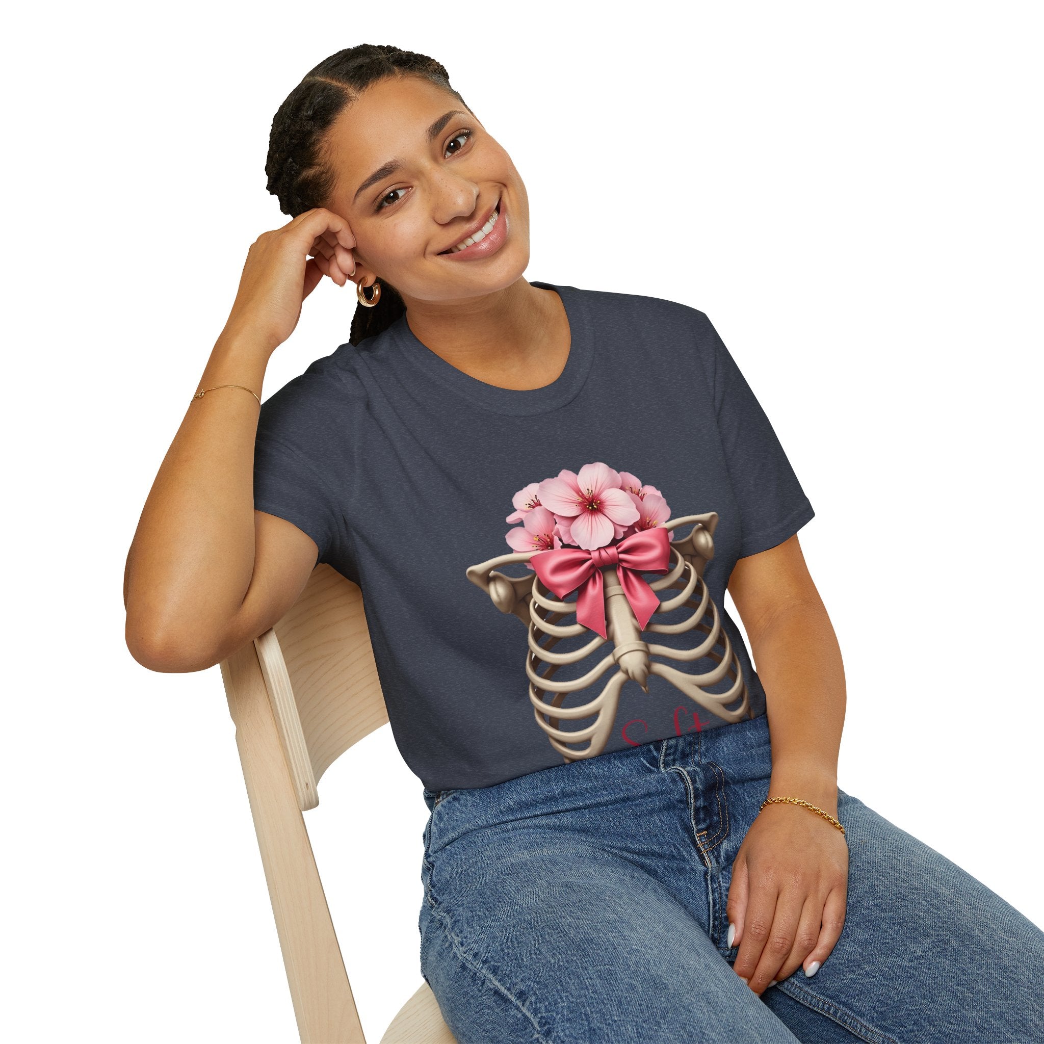 Floral Ribcage with Pink Bow T-Shirt | Skeleton Flower Chest Graphic