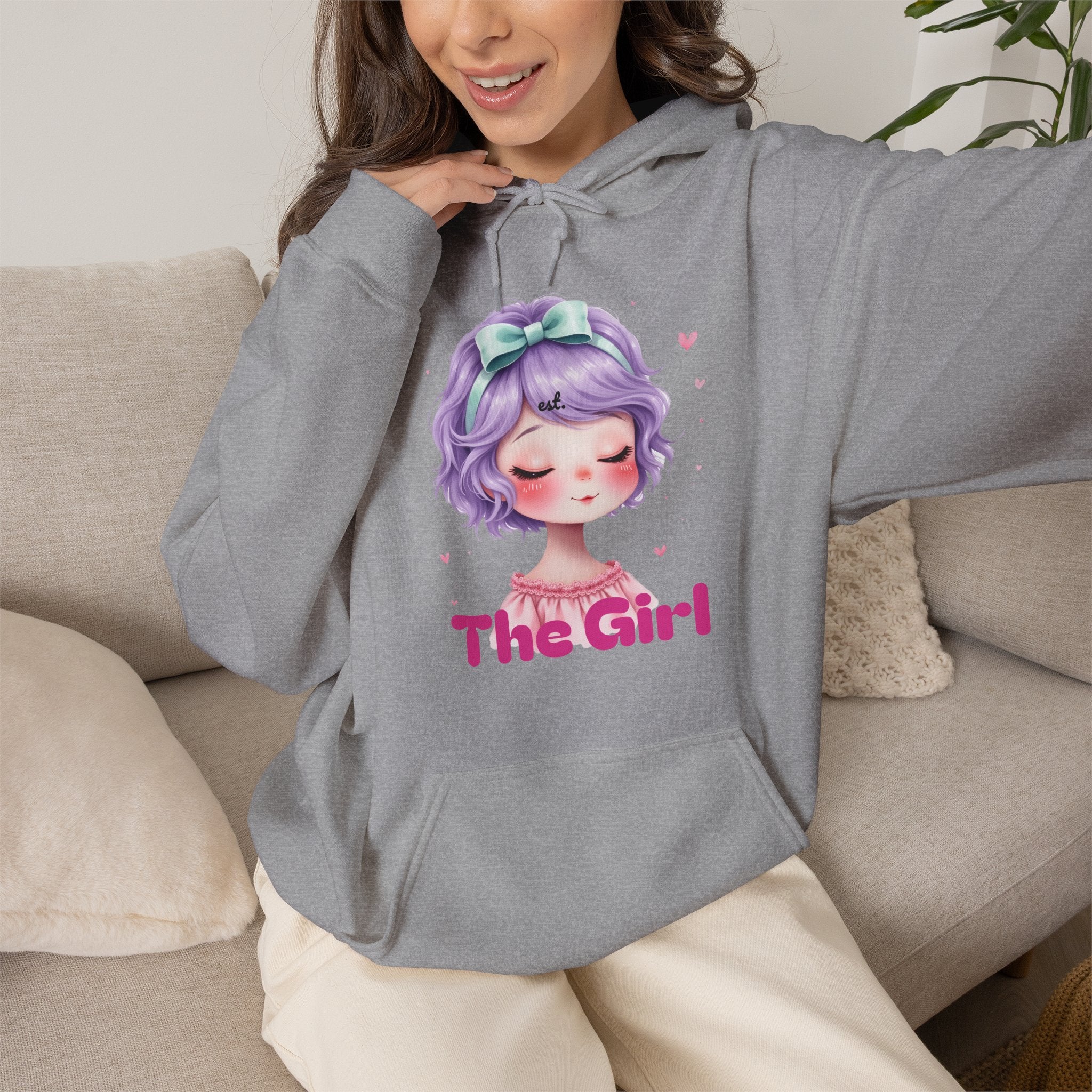 Pastel Purple Anime Girl The Girl Hoodie | Cute Kawaii Portrait, Pink Typography