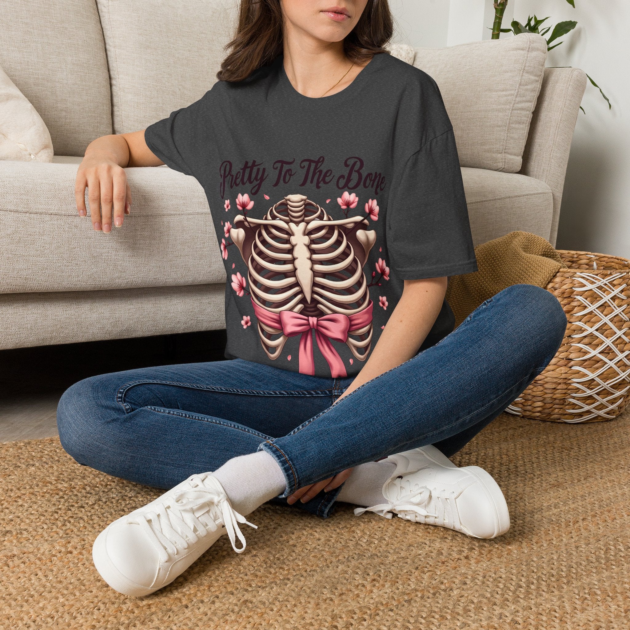 Pretty To The Bone ribcage floral bow T-Shirt | skeleton chest design