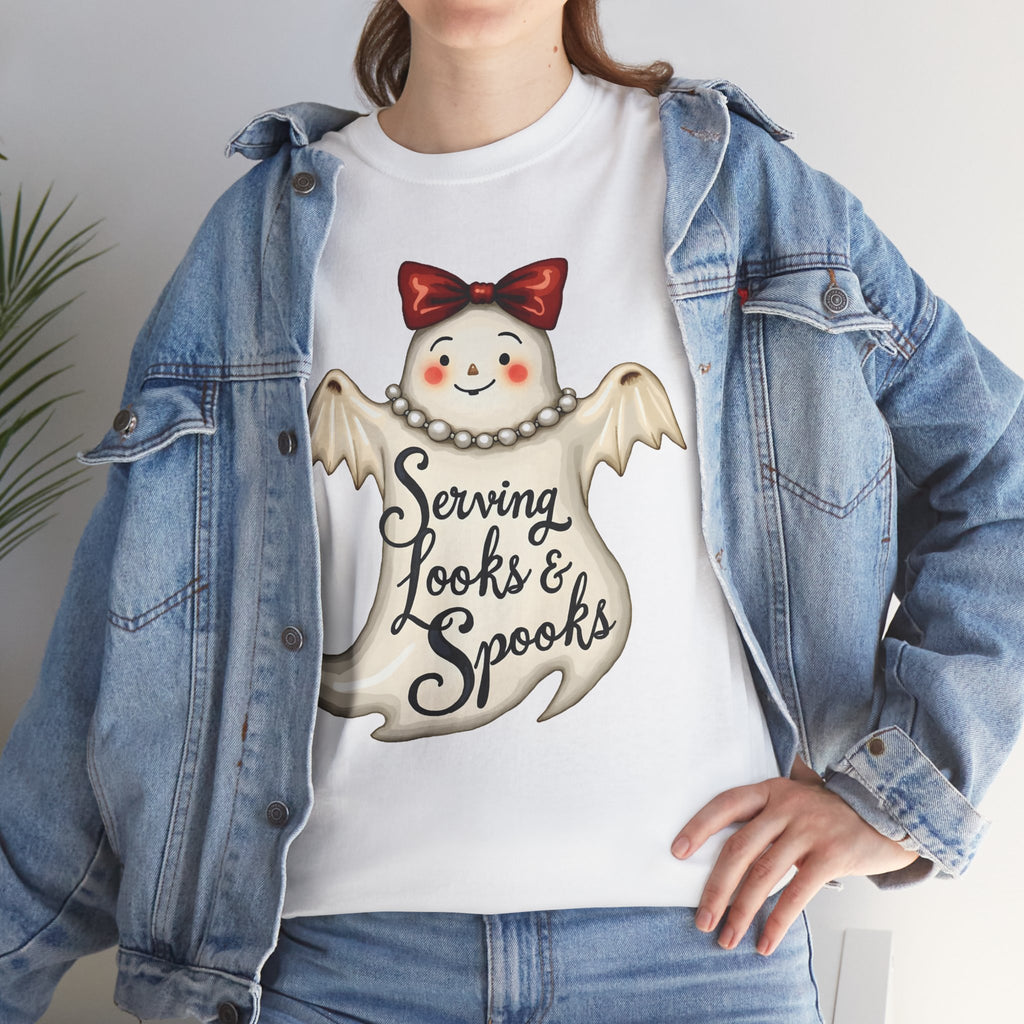 Serving Looks & Spooks Tee | Cute Ghost with Bow, Halloween Shirt