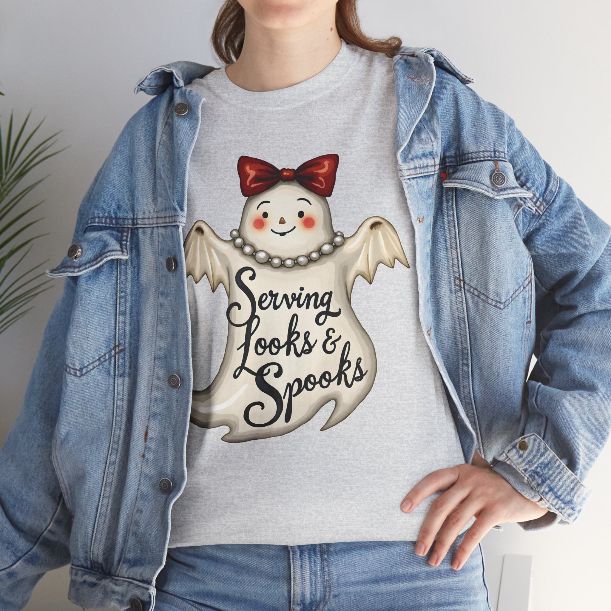 Serving Looks & Spooks Tee | Cute Ghost with Bow, Halloween Shirt