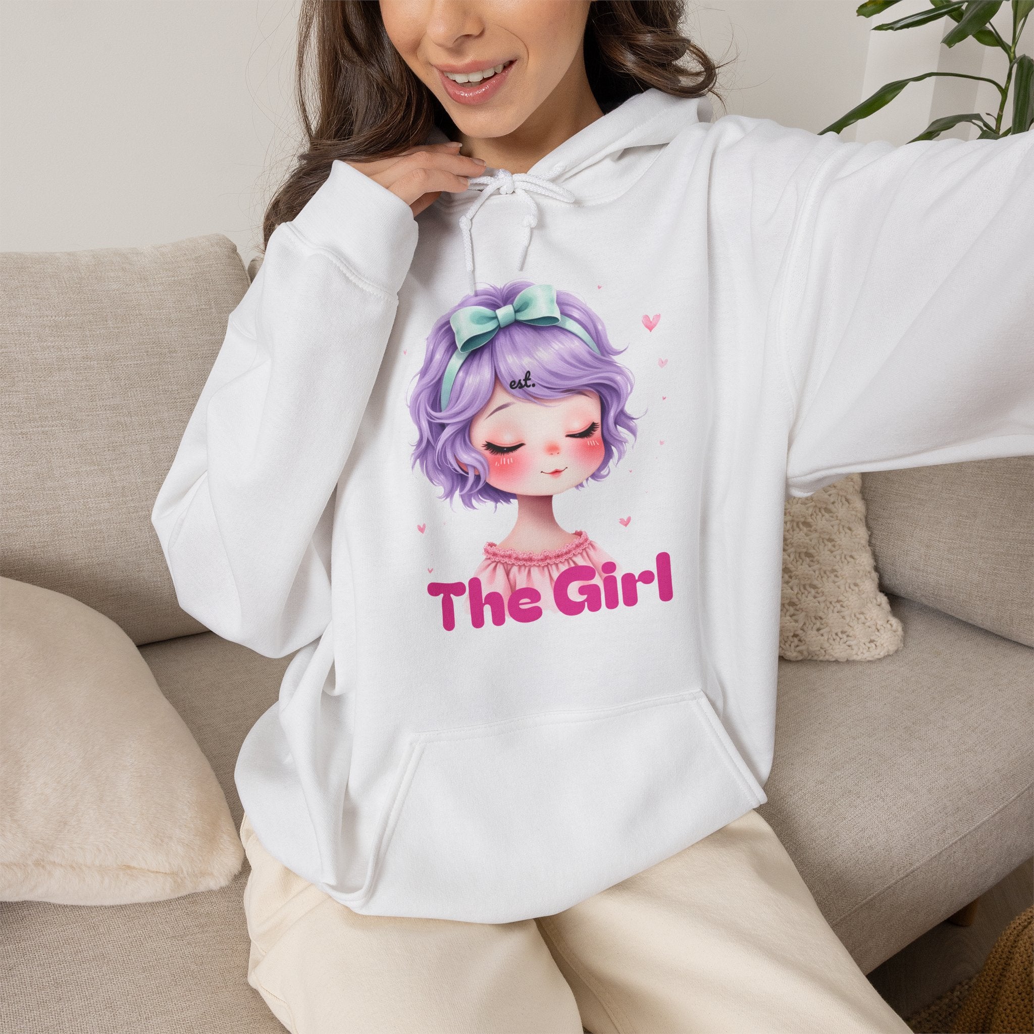 Pastel Purple Anime Girl The Girl Hoodie | Cute Kawaii Portrait, Pink Typography