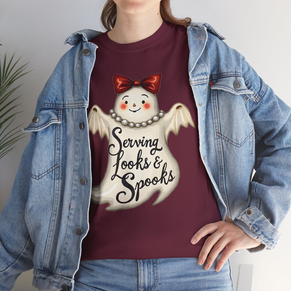Serving Looks & Spooks Tee | Cute Ghost with Bow, Halloween Shirt