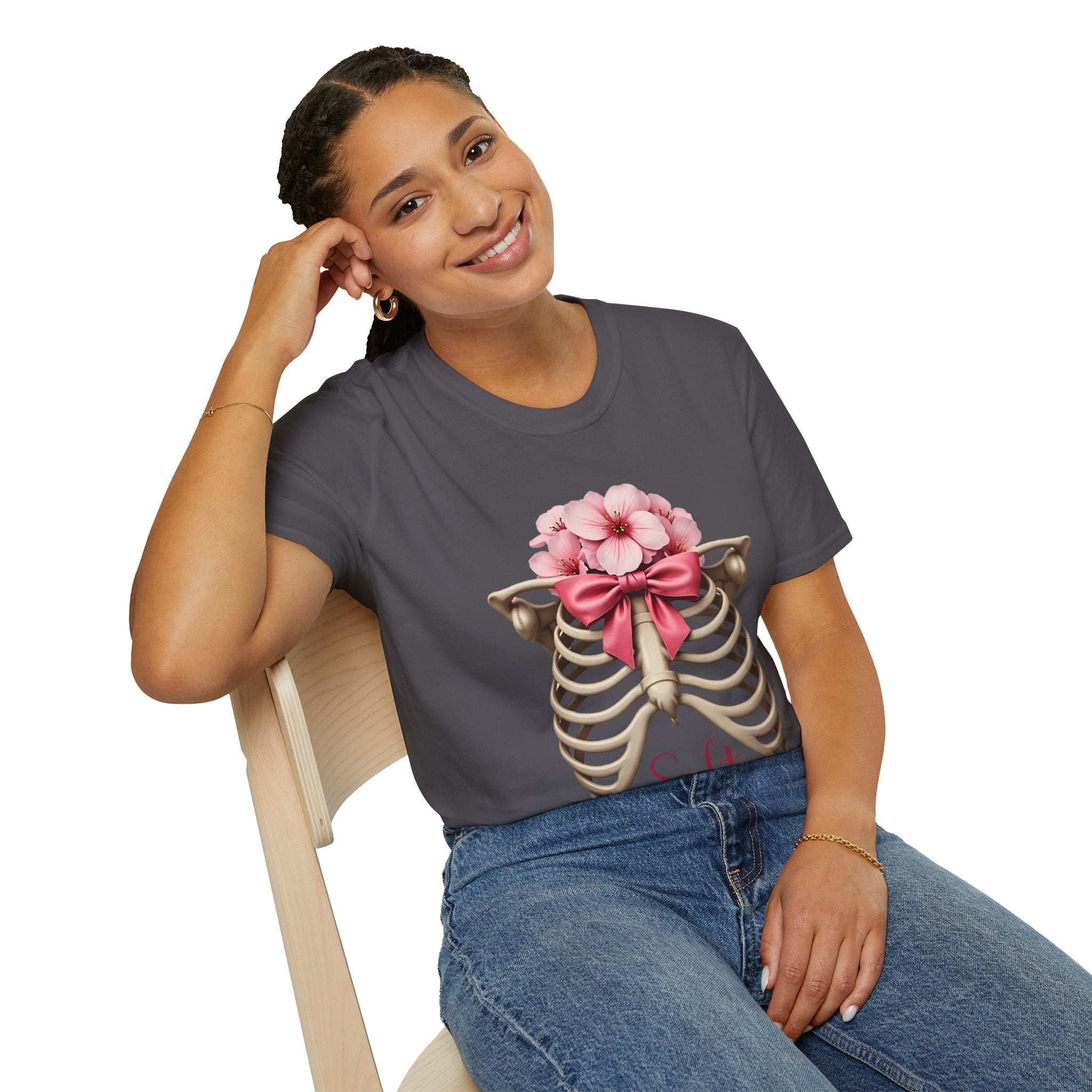 Floral Ribcage with Pink Bow T-Shirt | Skeleton Flower Chest Graphic