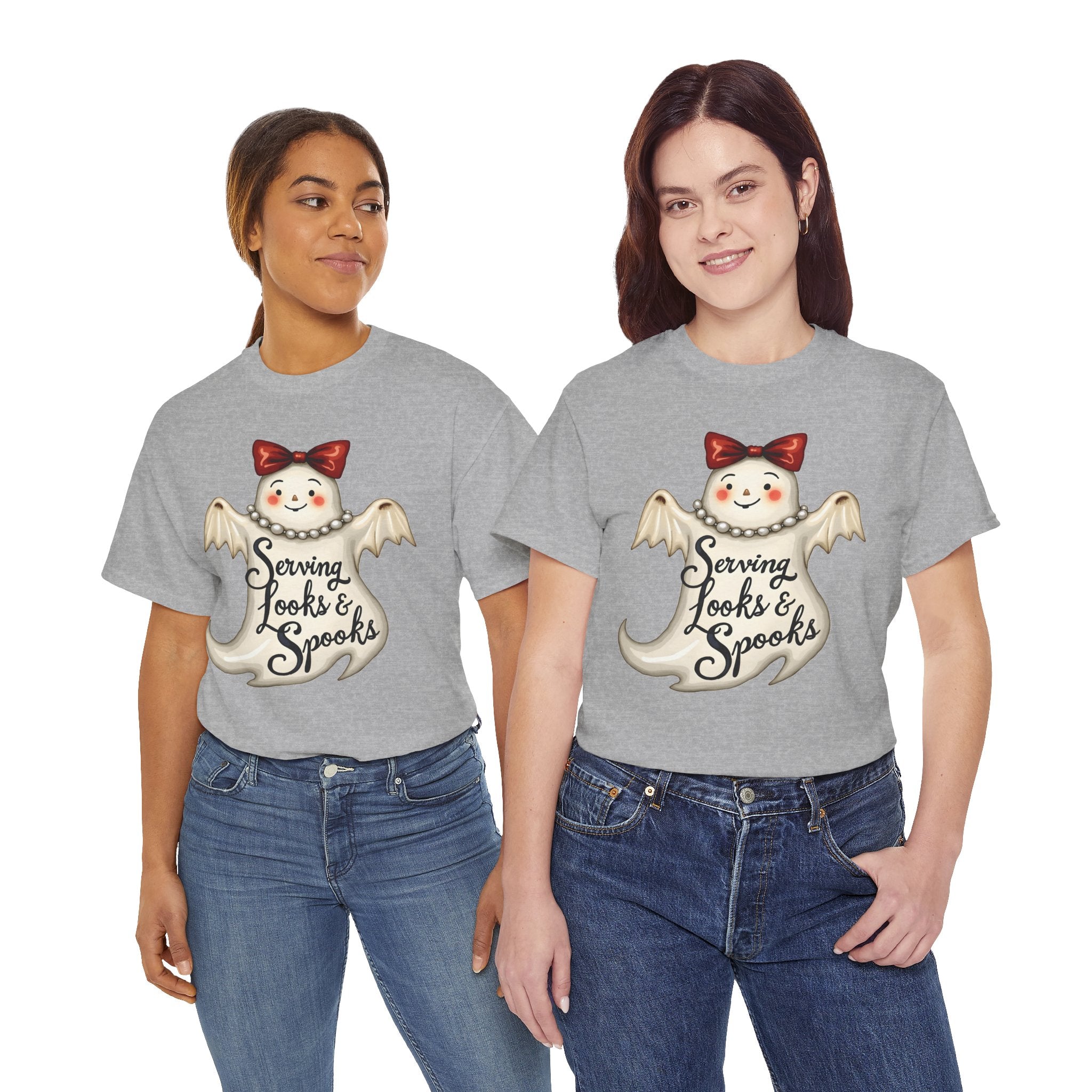 Serving Looks & Spooks Tee | Cute Ghost with Bow, Halloween Shirt