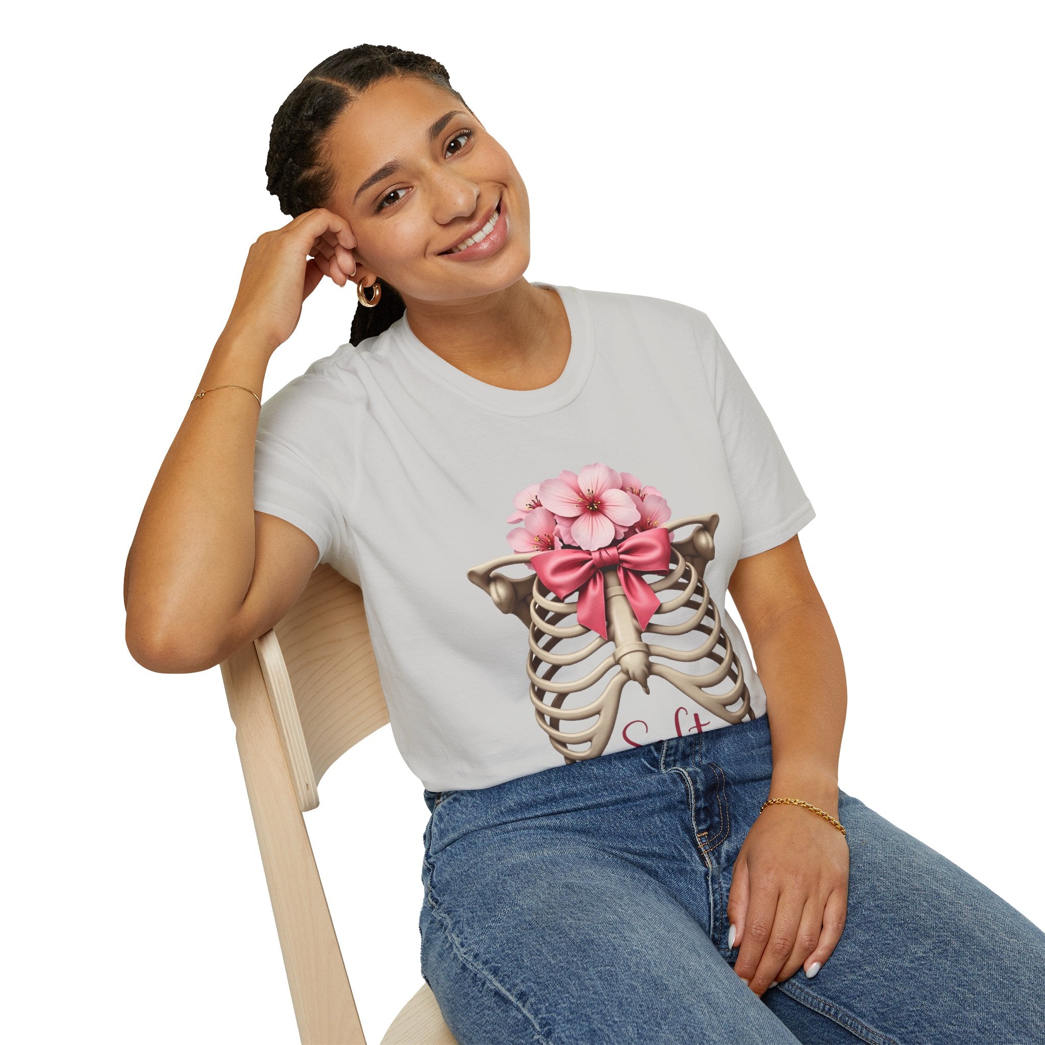 Floral Ribcage with Pink Bow T-Shirt | Skeleton Flower Chest Graphic