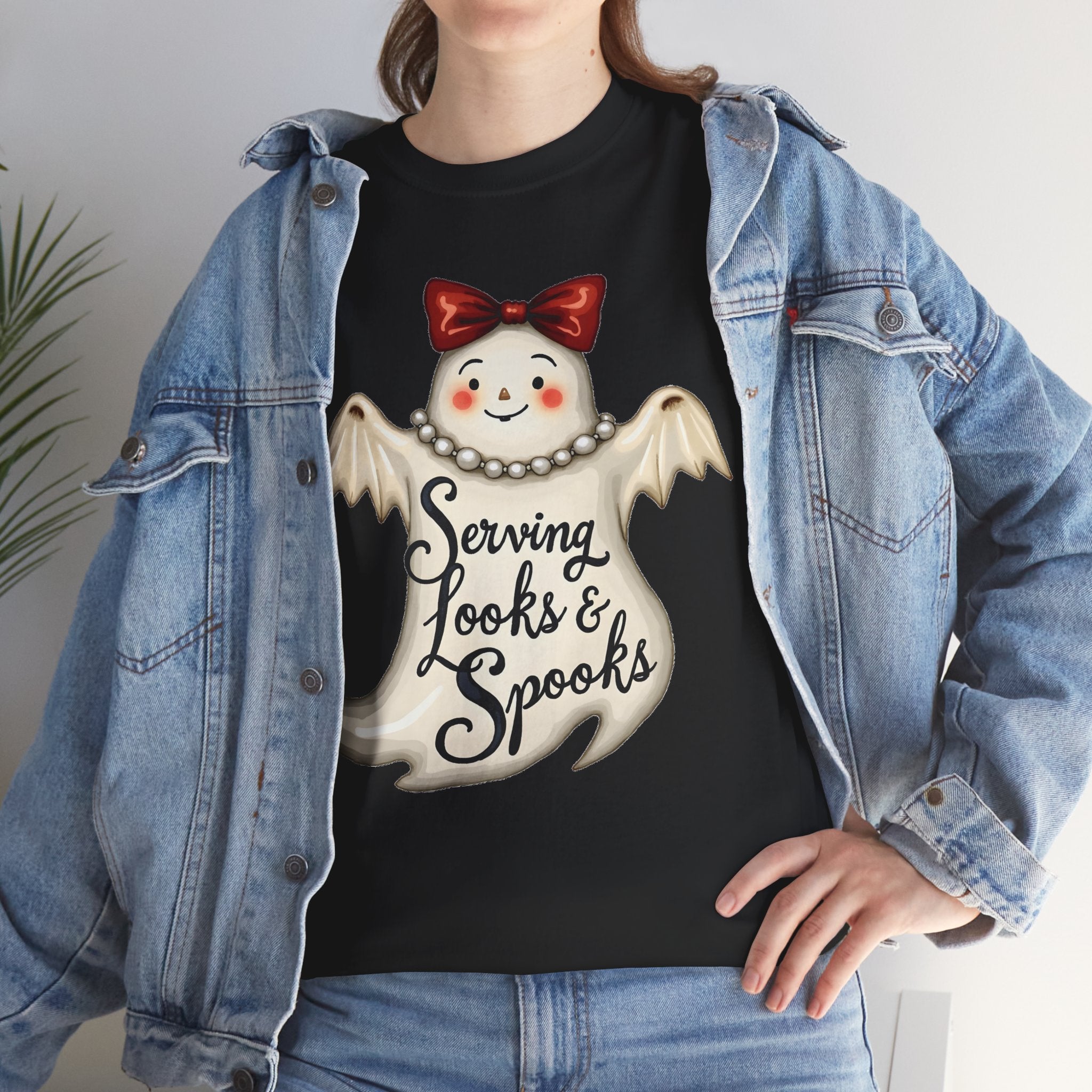Serving Looks & Spooks Tee | Cute Ghost with Bow, Halloween Shirt