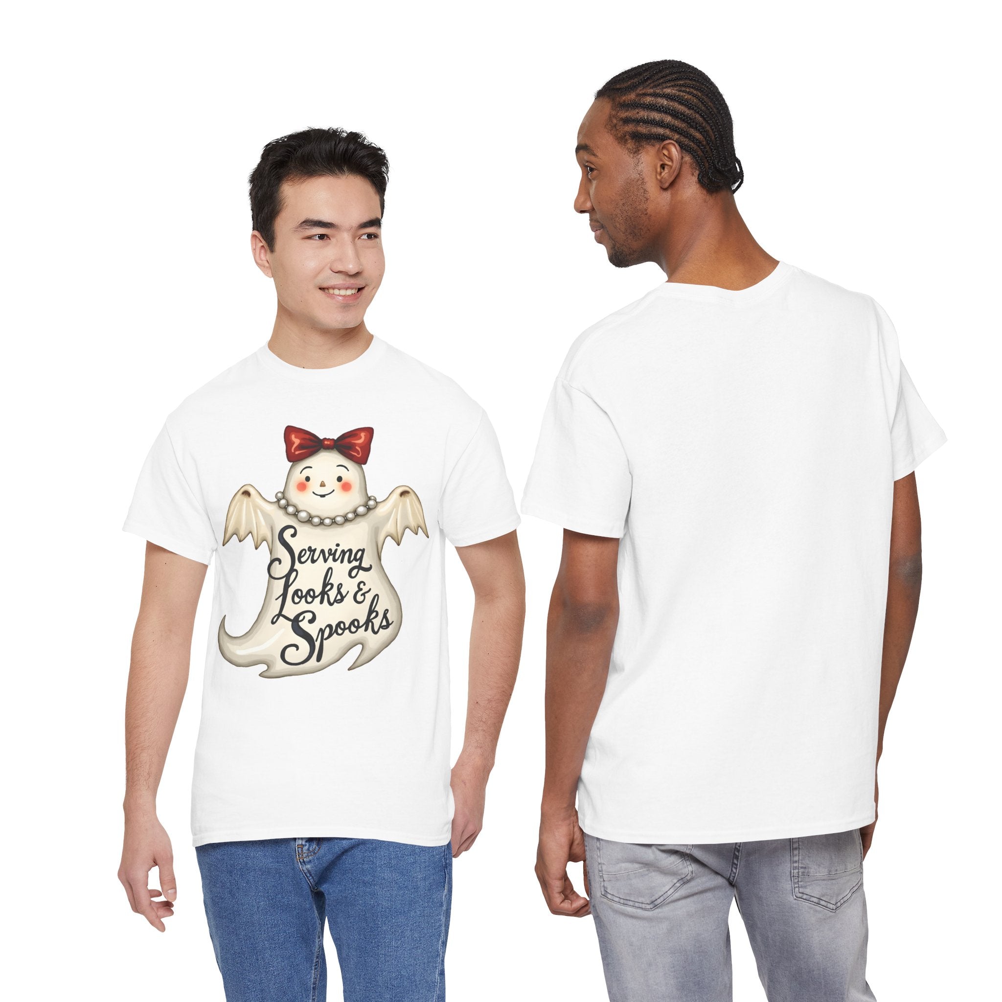 Serving Looks & Spooks Tee | Cute Ghost with Bow, Halloween Shirt