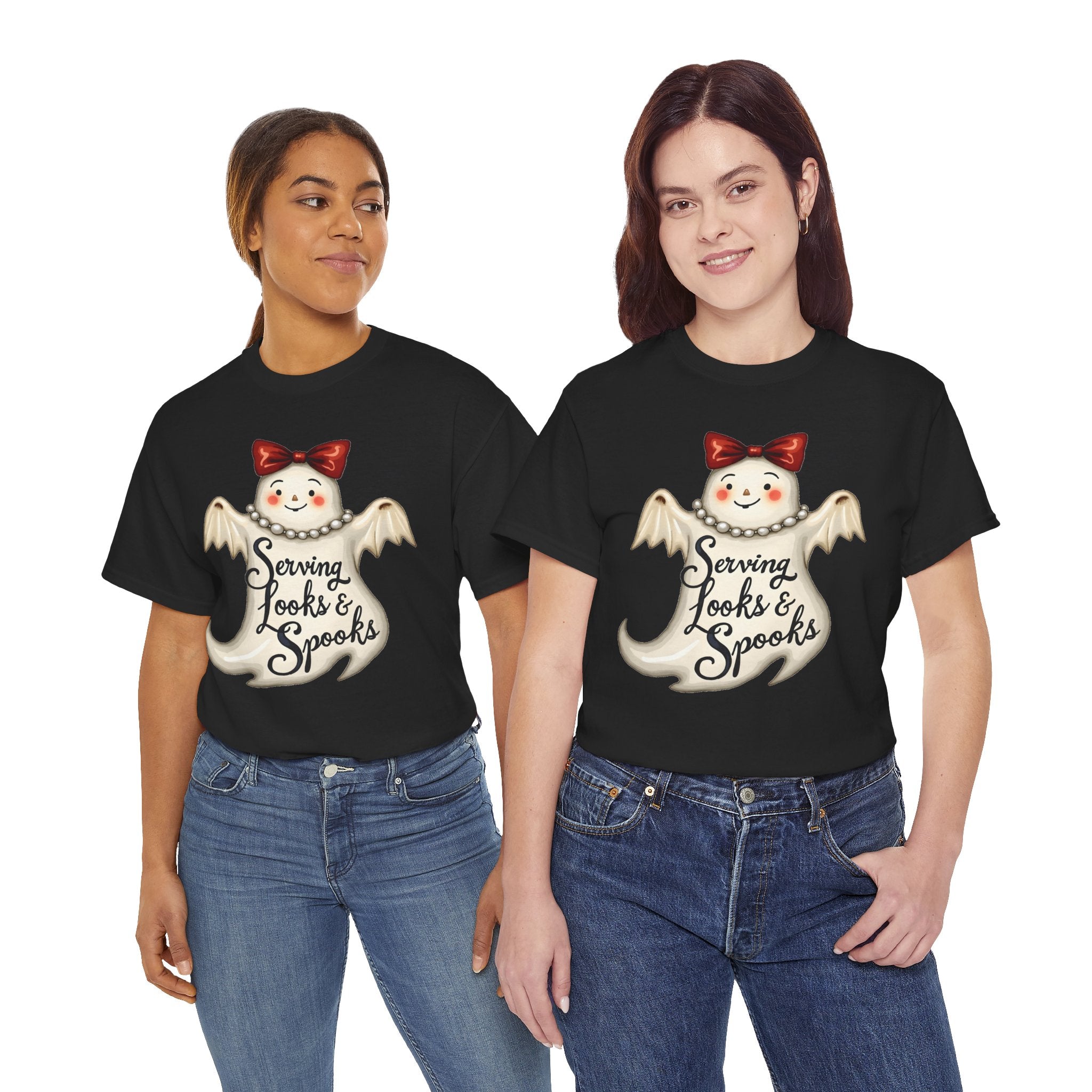 Serving Looks & Spooks Tee | Cute Ghost with Bow, Halloween Shirt