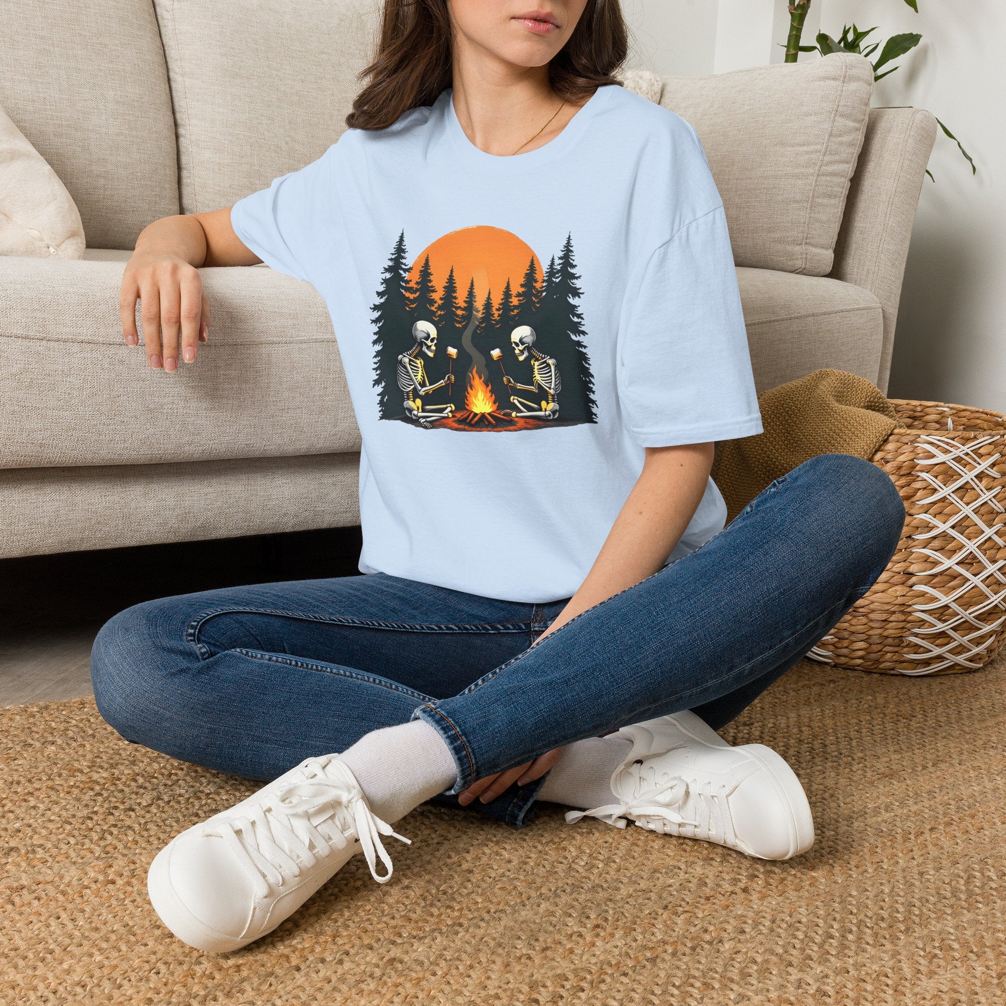 Skeleton Camping Around Campfire T-Shirt | Sunset Forest Skull Design