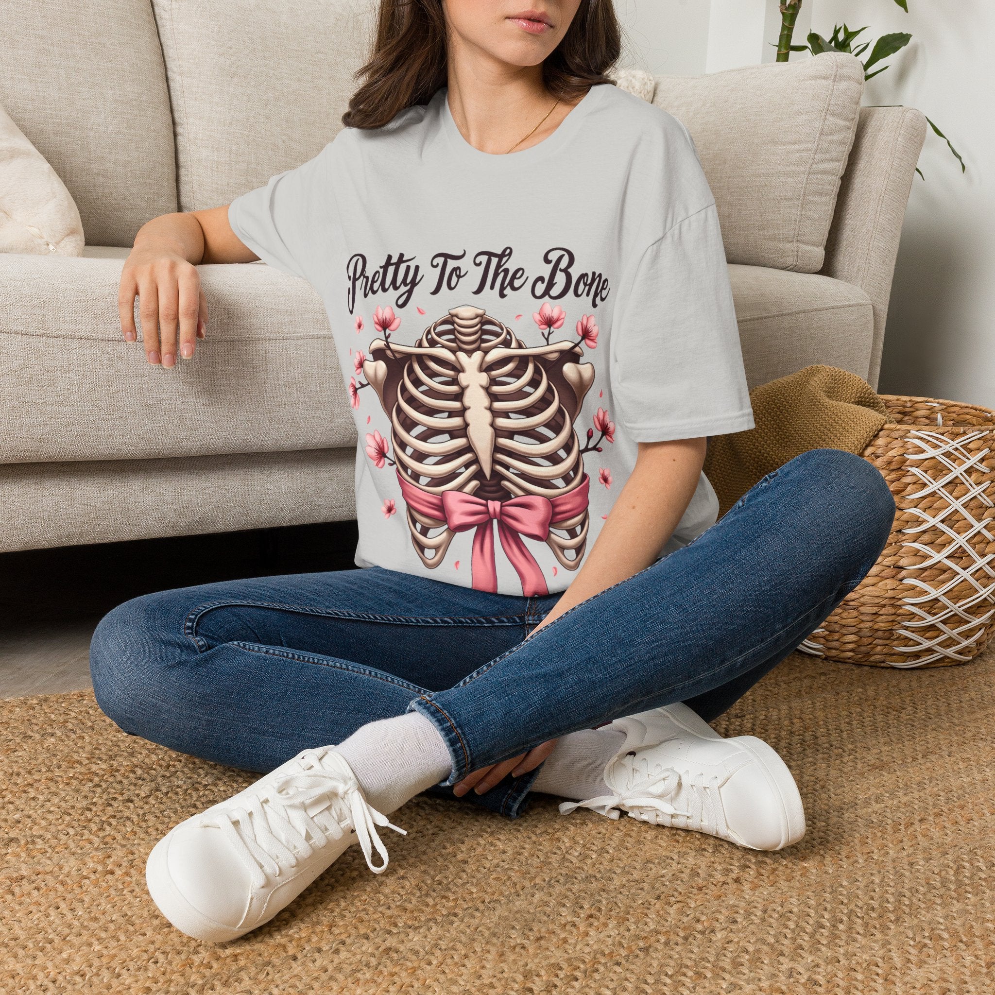Pretty To The Bone ribcage floral bow T-Shirt | skeleton chest design