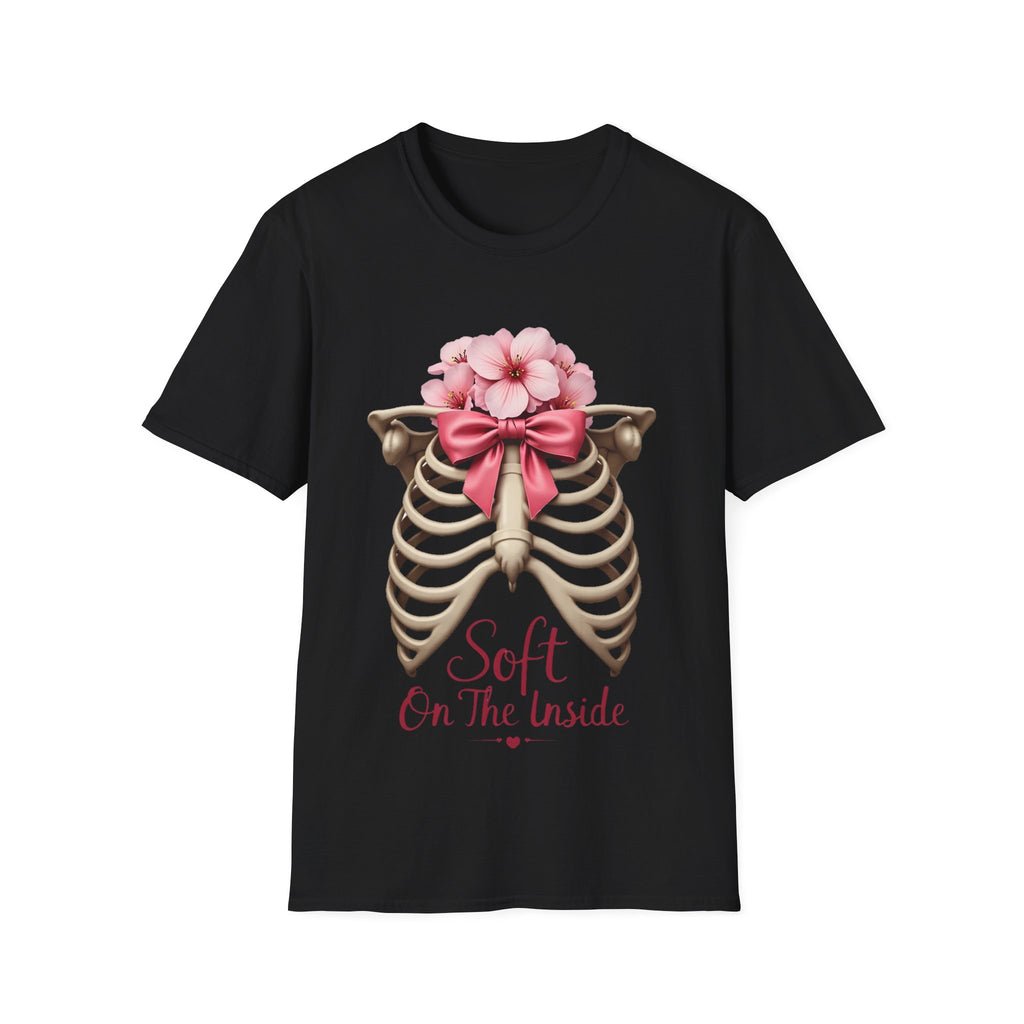 Floral Ribcage with Pink Bow T-Shirt | Skeleton Flower Chest Graphic
