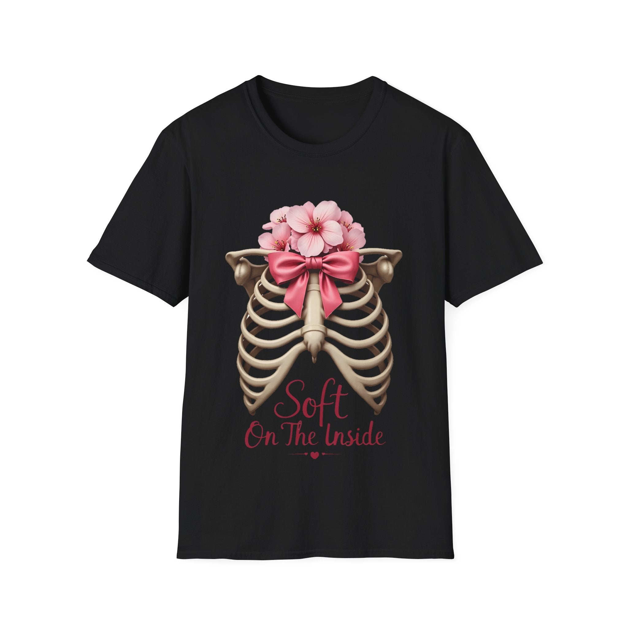 Floral Ribcage with Pink Bow T-Shirt | Skeleton Flower Chest Graphic