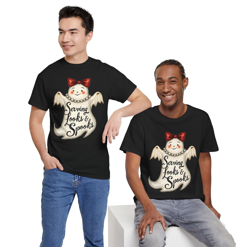 Serving Looks & Spooks Tee | Cute Ghost with Bow, Halloween Shirt