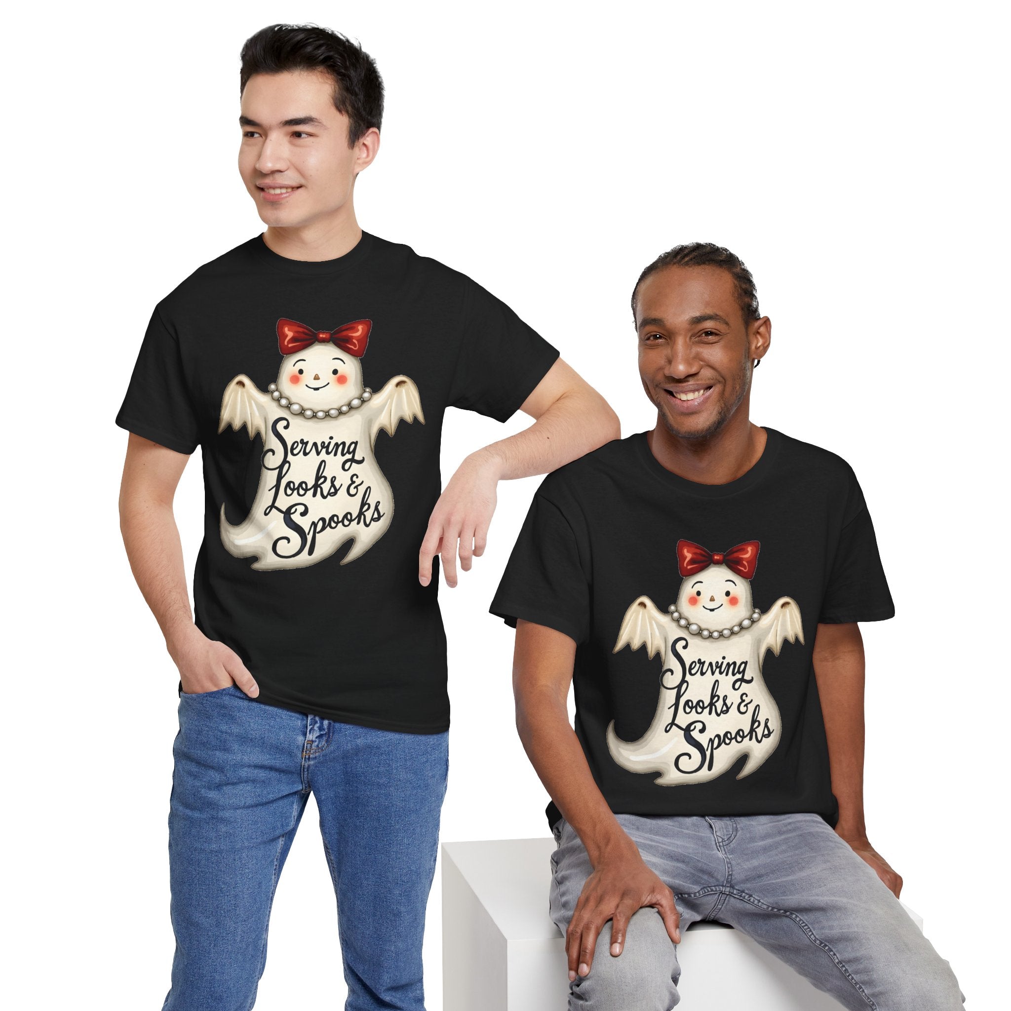 Serving Looks & Spooks Tee | Cute Ghost with Bow, Halloween Shirt