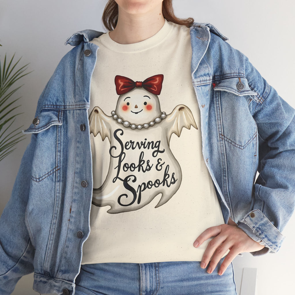 Serving Looks & Spooks Tee | Cute Ghost with Bow, Halloween Shirt