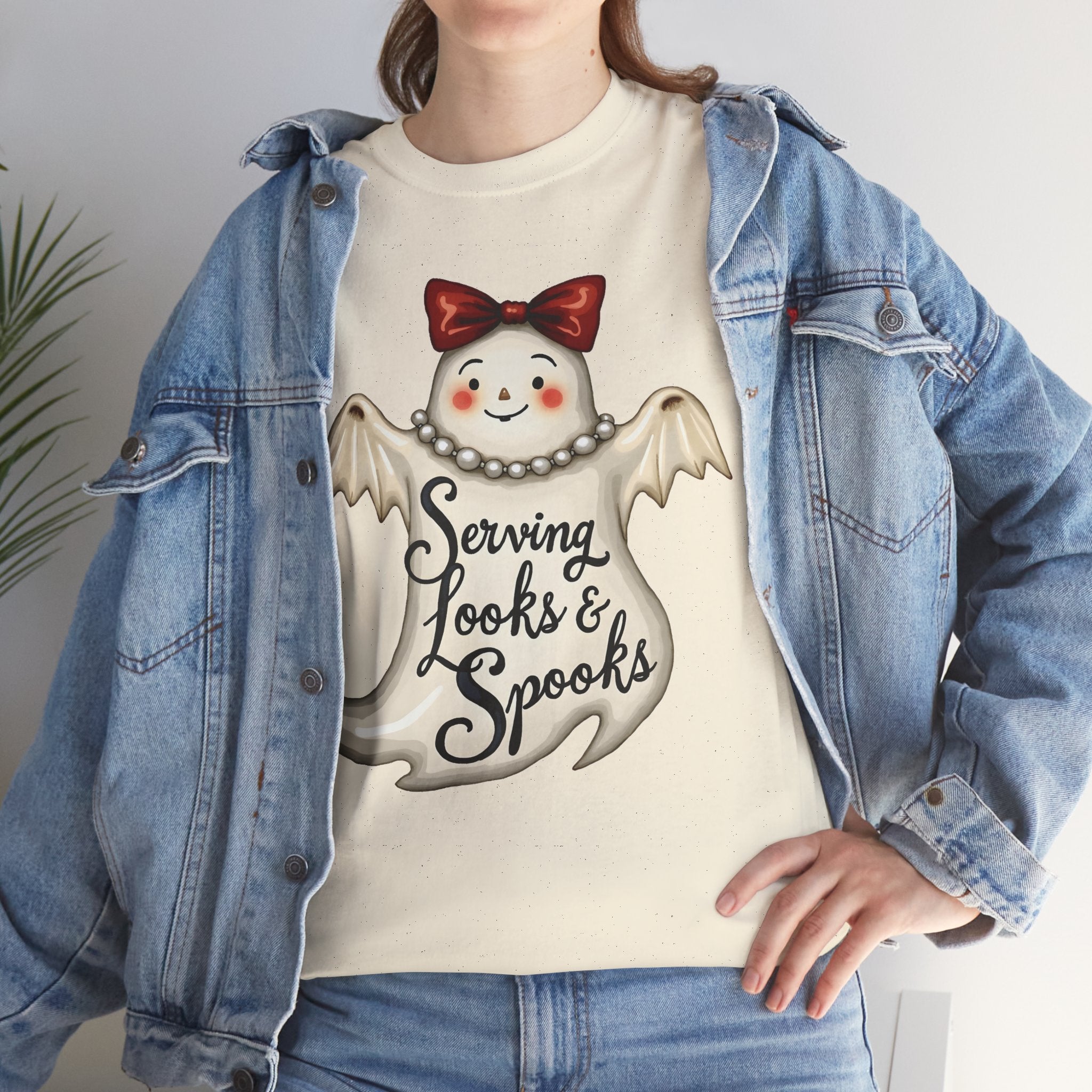 Serving Looks & Spooks Tee | Cute Ghost with Bow, Halloween Shirt