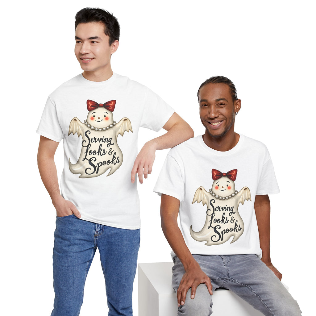 Serving Looks & Spooks Tee | Cute Ghost with Bow, Halloween Shirt