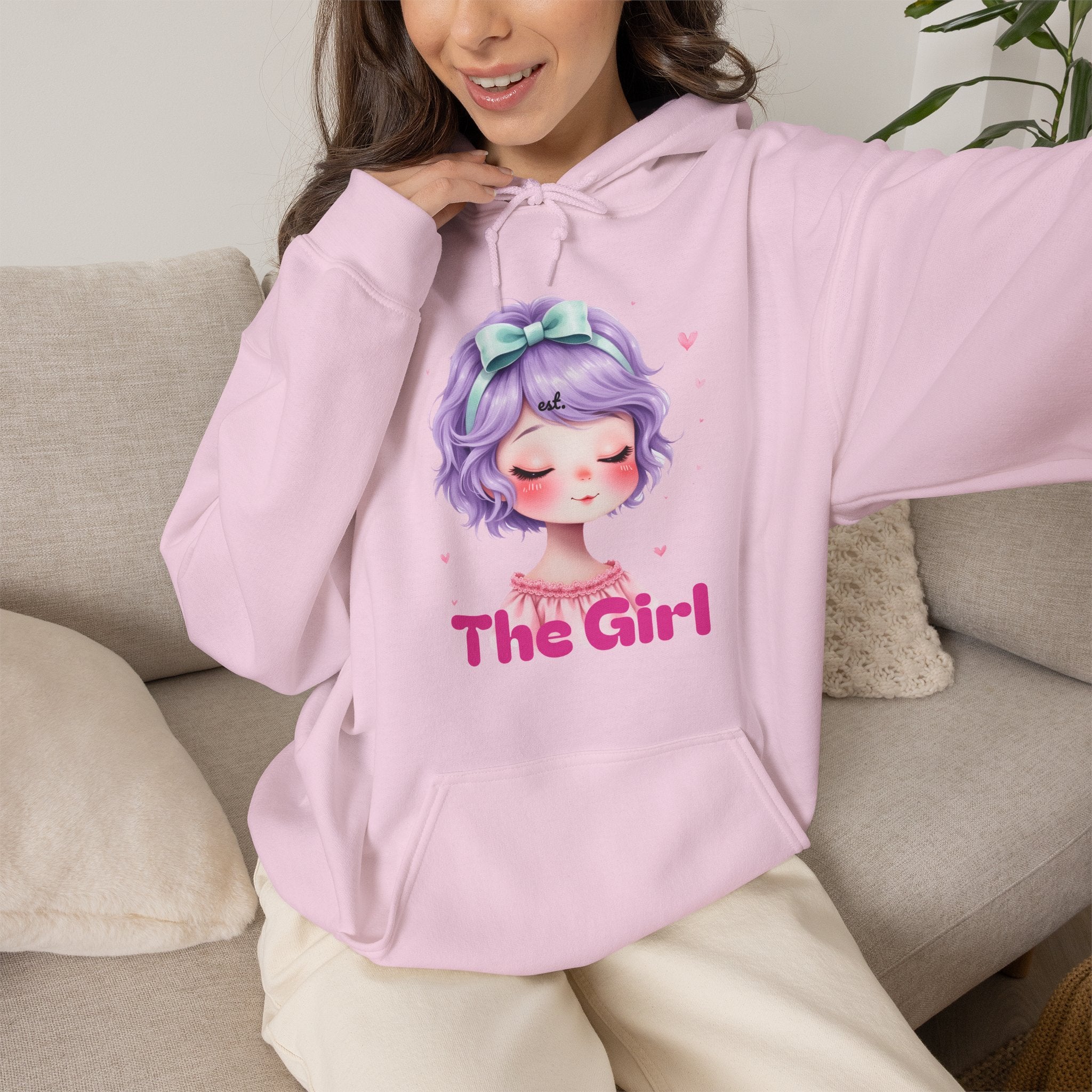 Pastel Purple Anime Girl The Girl Hoodie | Cute Kawaii Portrait, Pink Typography