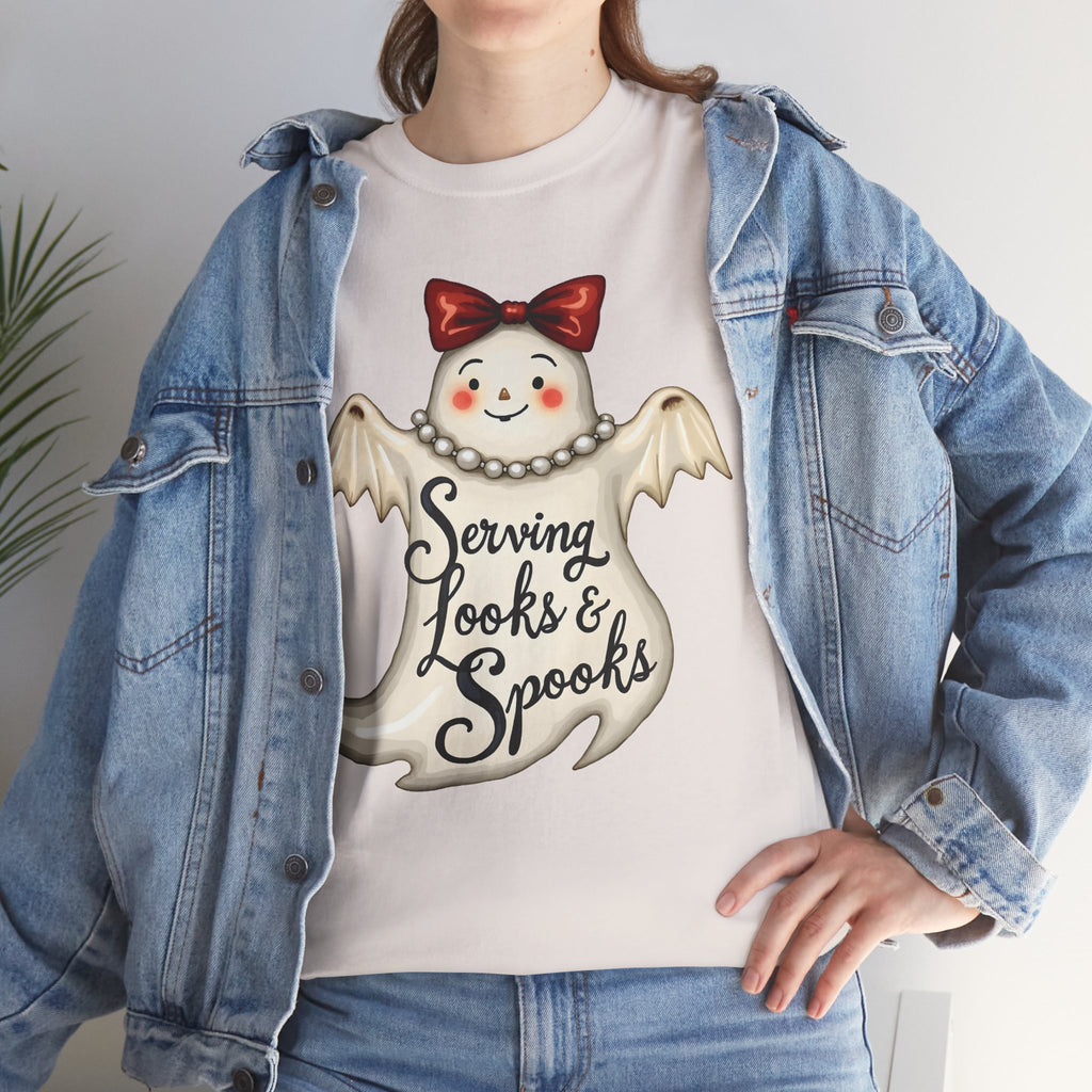 Serving Looks & Spooks Tee | Cute Ghost with Bow, Halloween Shirt