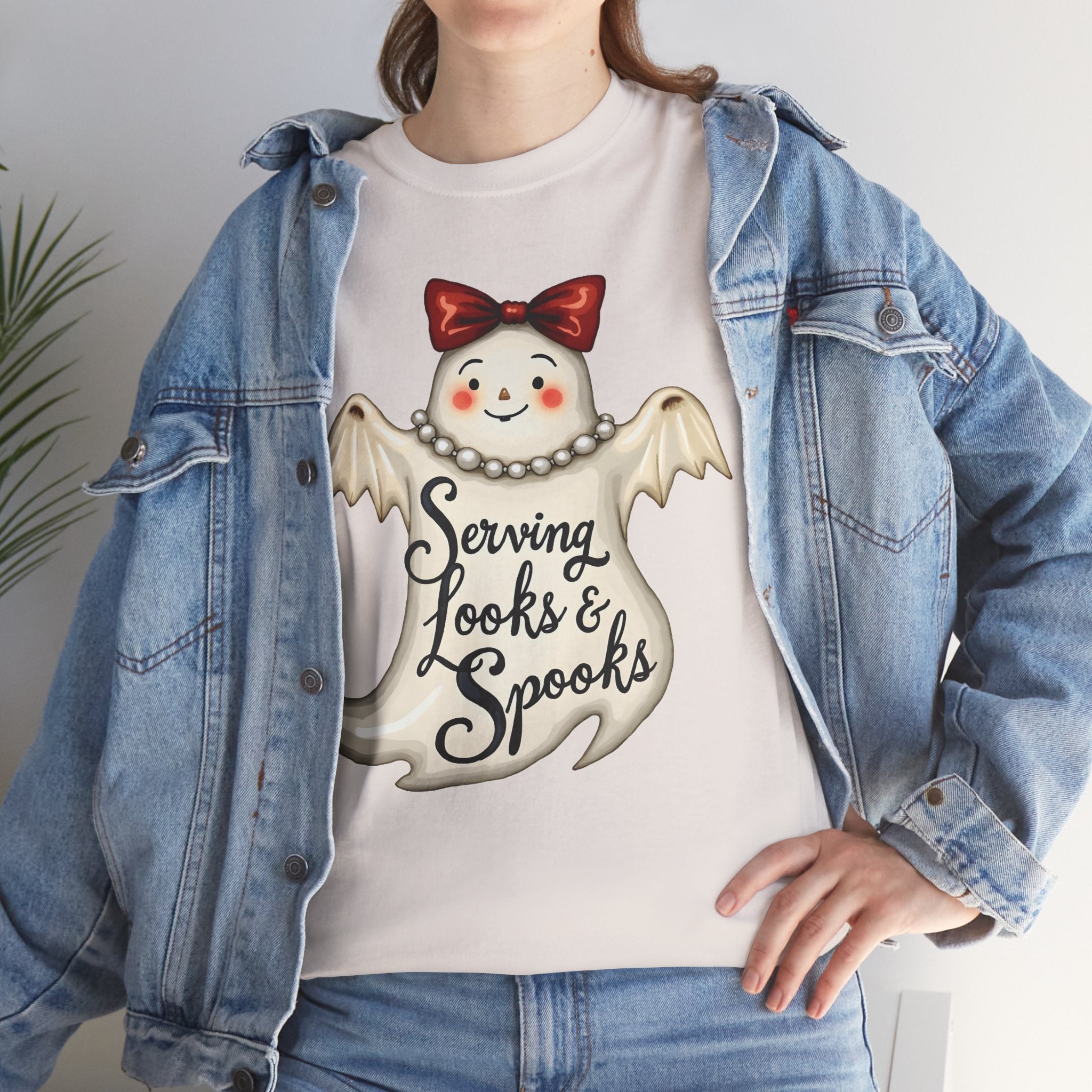 Serving Looks & Spooks Tee | Cute Ghost with Bow, Halloween Shirt