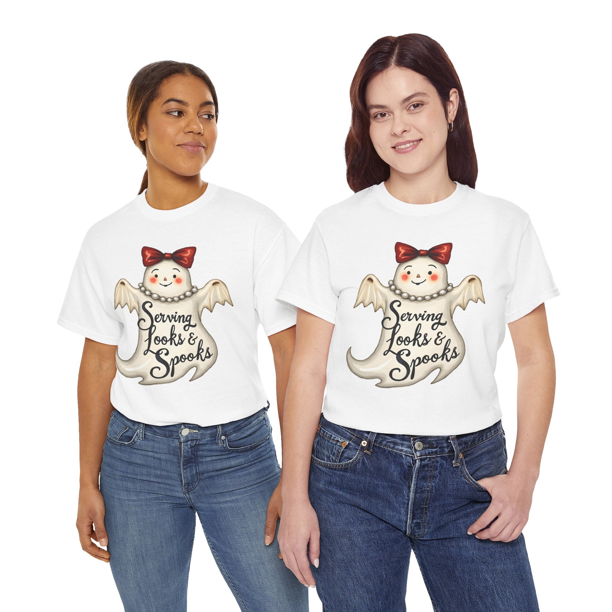 Serving Looks & Spooks Tee | Cute Ghost with Bow, Halloween Shirt