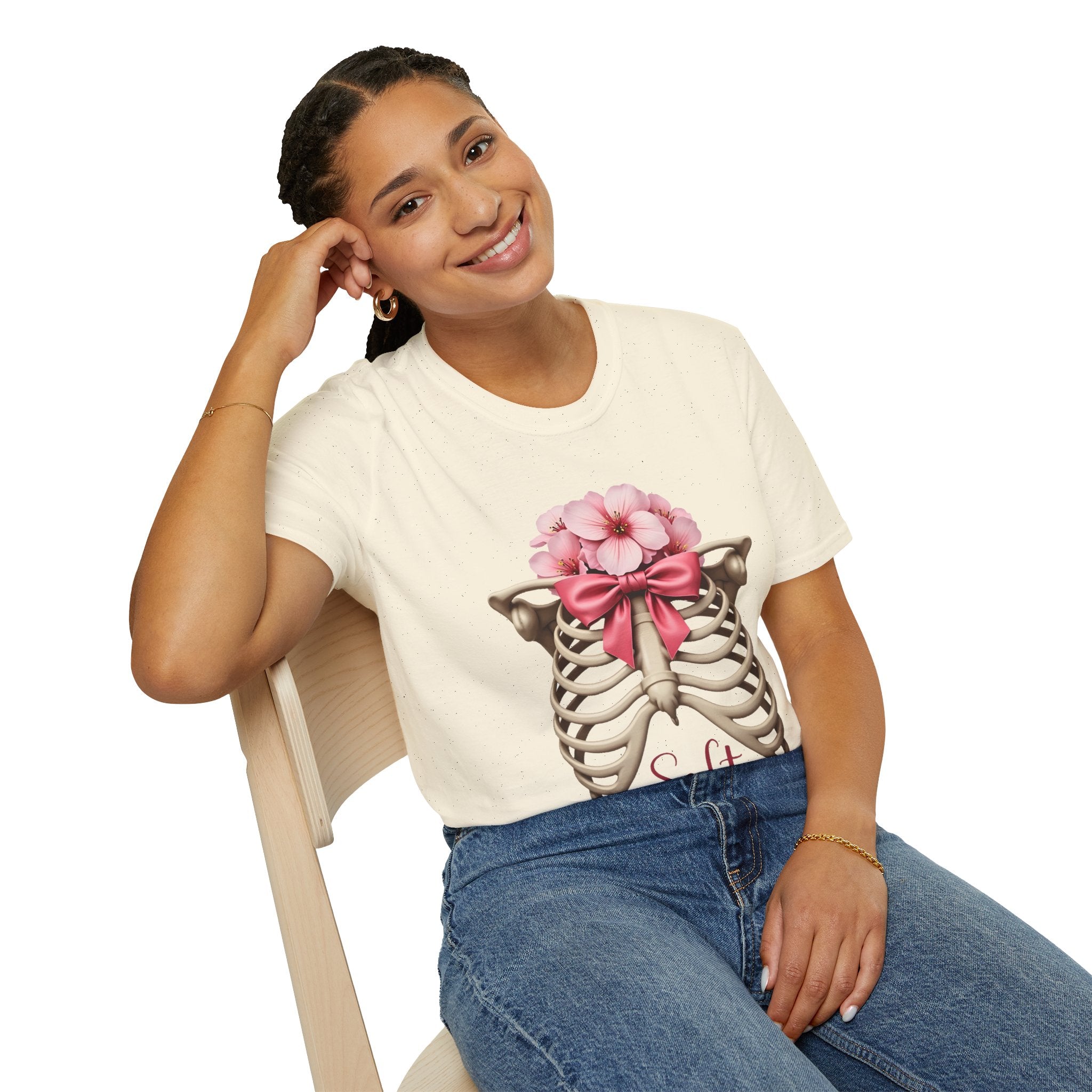 Floral Ribcage with Pink Bow T-Shirt | Skeleton Flower Chest Graphic