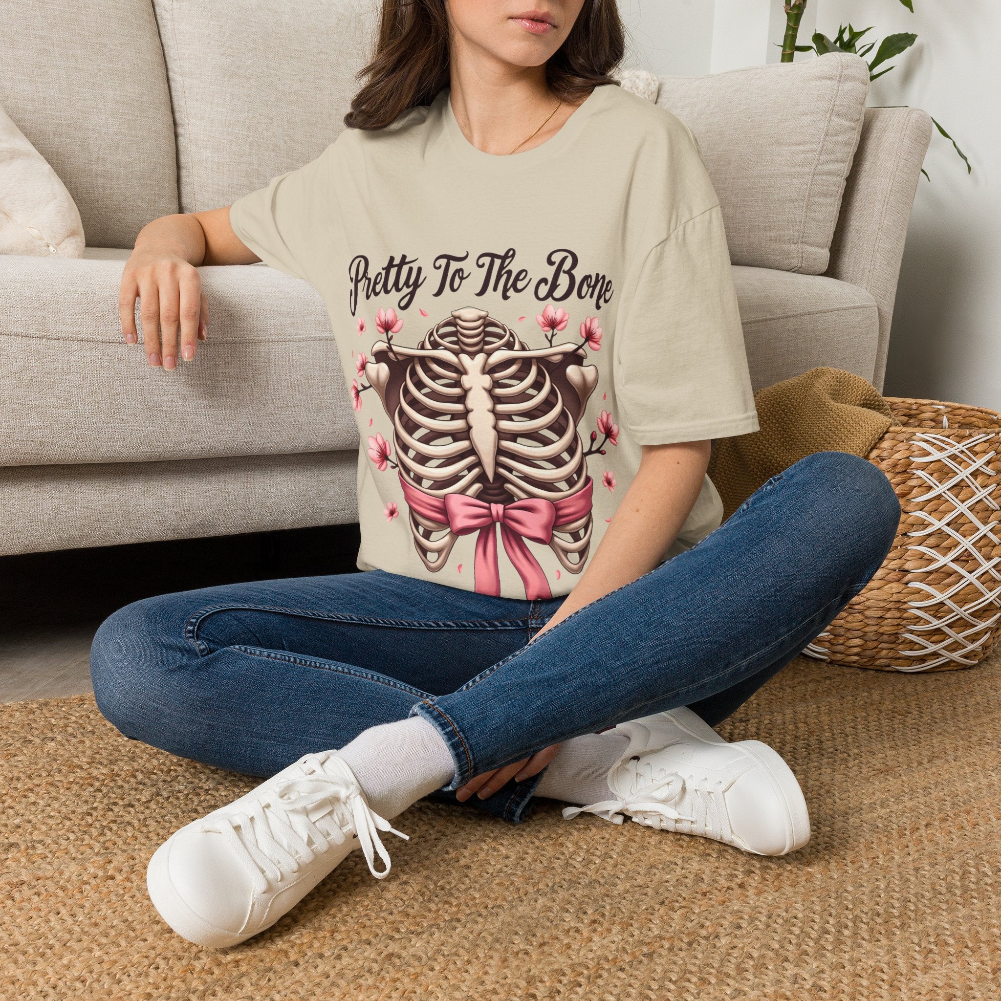 Pretty To The Bone ribcage floral bow T-Shirt | skeleton chest design