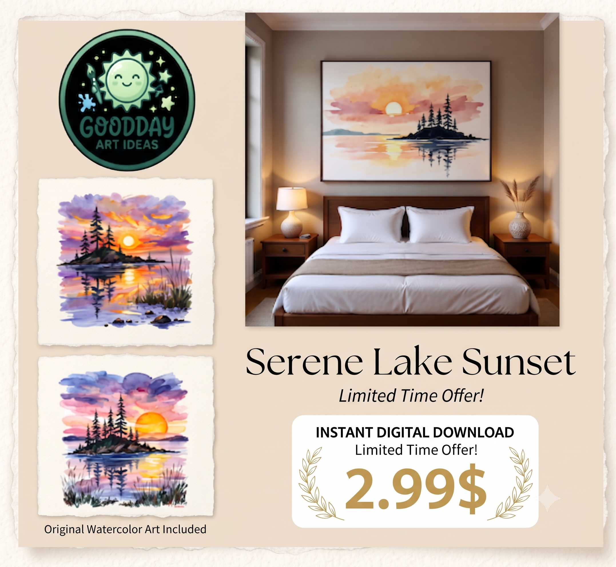 Watercolor Sunset Lake Landscape Art Print, Serene Nature Scenery (Digital Download)